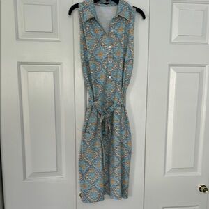 J. McLaughlin Blue Tan Buttoned Midi Sundress